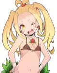  1girl absurdres bare_shoulders blonde_hair blush bra breasts earrings flower hand_on_own_hip highres jewelry leaf liliana_masquerade navel one_eye_closed petite psyto_qy2 re:zero_kara_hajimeru_isekai_seikatsu see-through small_breasts solo teeth twintails underwear upper_teeth_only white_background yellow_eyes 