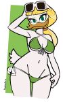  anatid anseriform anthro avian beak bikini bird blonde_hair breasts clothed clothing disney dubindore duck ducktales ducktales_(2017) eyewear eyewear_on_head feathers female goldie_o&#039;gilt green_eyes hair hi_res mature_female midriff navel non-mammal_breasts partially_clothed solo sunglasses sunglasses_on_head swimwear white_body white_feathers 