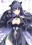  1girl absurdres black_dress black_gloves black_hair blue_archive blush breasts breasts_apart bridal_gauntlets covered_navel dress fur_shawl gloves green_eyes halo highres large_breasts looking_at_viewer meunhongcha multicolored_hair purple_hair shawl shun_(blue_archive) side_slit sideboob smile solo two-tone_hair 