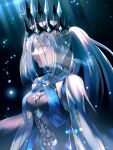  1girl blue_dress blue_eyes braid breasts bridal_veil cape cleavage_cutout clothing_cutout crown_braid dress fate/grand_order fate_(series) french_braid from_side grey_hair gyoza_(pi512126) highres long_hair looking_at_viewer morgan_le_fay_(fate) navel_cutout ponytail sideways_glance small_breasts solo upper_body veil white_cape 