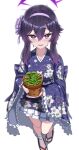 1girl absurdres bad_id bad_twitter_id blue_archive blush floral_print flower_pot frilled_kimono frills geta hair_between_eyes hairband halo haruka_(blue_archive) haruka_(new_year)_(blue_archive) highres holding_flower_pot japanese_clothes kimono long_hair long_sleeves looking_at_viewer official_alternate_costume open_mouth plant potted_plant purple_eyes purple_hair purple_hairband purple_kimono simple_background smile solo standing tabi venus_flytrap white_background wide_sleeves yakob_labo 