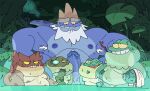  2023 amphibia_(series) amphibian anthro bathing beard belly blue_body bog_(amphibia) captain_grime detailed_background disney erection facial_hair frog genitals green_body group hi_res king_andrias_leviathan male male/male mayor_toadstool moobs musclegut nipples overweight overweight_male penis posduroo red_body salamander_(amphibian) stumpy_stumpson towel 
