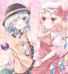  2girls ;q absurdres ascot back_cutout black_headwear blonde_hair blouse blush bow breasts clothing_cutout cowboy_shot flandre_scarlet floral_print frilled_shirt_collar frilled_sleeves frills green_eyes green_hair green_nails green_skirt hair_between_eyes hat hat_bow hat_ribbon heart heart_of_string highres holding_hands komeiji_koishi long_sleeves looking_at_viewer medium_hair mob_cap multicolored_wings multiple_girls nail_polish one_eye_closed one_side_up pink_background pointing pointing_at_self pointy_ears print_skirt puffy_short_sleeves puffy_sleeves red_bow red_eyes red_nails red_ribbon red_skirt red_vest ribbon rose_print shirt short_sleeves skirt skirt_set sleeve_ribbon small_breasts third_eye tongue tongue_out touhou transparent_butterfly vest white_headwear white_shirt wide_sleeves wings wrist_cuffs yellow_ascot yellow_bow yellow_ribbon yellow_shirt yuu_(ayatakasan) 