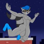  1:1 abs anthro drreverb foreskin fur genitals grey_body grey_fur hi_res hyper hyper_genitalia male mammal midair night nipples penis procyonid raccoon sly_cooper sly_cooper_(series) solo sony_corporation sony_interactive_entertainment sucker_punch_productions 