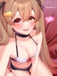  1girl bikini black_bikini blush breasts brown_eyes gradient_hair hair_between_eyes hair_flaps hair_ornament hair_ribbon hairclip heart heterochromia highres kantai_collection kozu_(bloomme1_me) light_brown_hair long_hair looking_at_viewer multicolored_hair murasame_(kancolle) murasame_kai_ni_(kancolle) official_alternate_costume red_eyes ribbon school_uniform sitting small_breasts smile solo swimsuit twitter_username two_side_up 