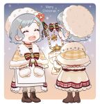  2girls :d absurdres aqua_hair bang_dream! blush border bow bowtie braid brown_footwear capelet choker closed_eyes commentary frilled_skirt frills full_body fur-trimmed_capelet fur-trimmed_sleeves fur_trim hair_ornament highres hikawa_hina hikawa_sayo lantern long_sleeves merry_christmas multiple_girls open_mouth red_bow red_bowtie red_choker short_hair siblings skirt smile standing star_(symbol) star_hair_ornament striped striped_bow striped_bowtie teeth twins upper_teeth_only white_border white_headwear white_skirt zihacheol 