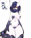  1girl animal_ears blue_hair breasts cleavage colored_sclera colored_skin covered_mouth cowboy_shot dark_blue_hair highres meowstic navel pokemon pokemon_(creature) red_eyes simple_background solo standing thick_thighs thighs usa37107692 white_background white_skin yellow_sclera 