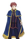  1boy :d belt blue_cape cape commentary_request grey_eyes highres imasara_maki jacket lance_(pokemon) long_sleeves looking_down male_focus open_mouth pants pokemon pokemon_(game) pokemon_hgss red_hair short_hair simple_background smile solo spiked_hair white_background 