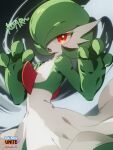  1other :o blurry claw_pose colored_skin commentary_request copyright_name fang flipped_hair gardevoir green_hair hands_up highres looking_at_viewer open_mouth pokemon pokemon_(creature) red_eyes skin_fang solo suahh white_skin 