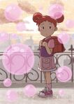  1girl backpack bag bubble chii-kun_(seedyoulater) closed_mouth commentary_request double_bun full_body grey_shorts hair_bun hair_ornament hands_up harukaze_doremi holding_strap looking_at_viewer musical_note musical_note_hair_ornament ojamajo_doremi outdoors pink_socks red_bag red_hair shirt shoes short_hair short_sleeves shorts sky sneakers socks solo standing t-shirt 