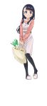  1girl absurdres bag black_hair blue_eyes closed_mouth edomae_elf food highres koganei_koyuzu long_hair looking_at_viewer official_art pantyhose shirt skirt slippers smile solo straight_hair striped striped_shirt tachi-e transparent_background vegetable 