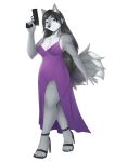  absurd_res angelica_moon_(claydon_delve) anthro black_clothing black_handwear canid canine canis clothing dress evening_gown female footwear fur grey_body grey_fur gun handwear hi_res high_heels holding_gun holding_object holding_weapon mammal purple_clothing purple_dress ranged_weapon solo uchihaajake weapon wolf 