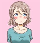  080611080712m 1girl blue_eyes blush breasts brown_hair collarbone commentary_request highres lips looking_at_viewer love_live! love_live!_sunshine!! pink_background shirt short_hair simple_background solo watanabe_you wavy_hair 