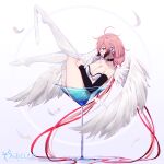  1girl absurdres angel_wings black_sleeves breasts broken broken_chain chain cleavage cocktail_glass collar copyright_name cup detached_sleeves drinking_glass feathered_wings feathers full_body green_eyes hair_ribbon highres ikaros in_container in_cup large_breasts legs_up leotard long_hair mkldragon pink_hair profile red_ribbon ribbon robot_ears solo sora_no_otoshimono thighhigh_dangle thighhighs thighhighs_pull thighs twintails very_long_hair white_leotard white_thighhighs white_wings wings 