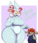  &lt;3 &lt;3_eyes 2023 anthro big_breasts blue_clothing blue_shirt blue_topwear blush blush_stickers breasts bunny_costume cinderace clothing costume dani_(dewwydarts) dewwydarts duo easter english_text female fur generation_8_pokemon grey_body grey_fur hair hair_over_eye hi_res hisuian_form hisuian_zoroark holidays huge_thighs john_(dewwydarts) looking_at_viewer male multicolored_hair nervous_smile nintendo one_eye_obstructed open_mouth orange_hair pokemon pokemon_(species) red_hair regional_form_(pokemon) shirt simple_background standing t-shirt text thick_thighs thigh_gap topwear two_tone_hair white_hair wide_hips yellow_sclera 