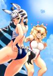  2girls absurdres adjusting_clothes adjusting_swimsuit alternate_costume animal_ears bare_legs bare_shoulders black_hair blue_one-piece_swimsuit blunt_bangs blush brown_hair competition_swimsuit extra_ears heart highres kemono_friends lion_(kemono_friends) lion_ears lion_girl lion_tail long_hair multicolored_clothes multicolored_hair multicolored_swimsuit multiple_girls navel one-piece_swimsuit orange_eyes pariparifromage plains_zebra_(kemono_friends) short_hair sidelocks smile swimsuit tail two-tone_hair white_hair white_one-piece_swimsuit yellow_eyes zebra_ears zebra_girl zebra_tail 