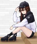  1girl absurdres baseball_cap boots brown_eyes brown_hair hair_flaps hat highres hololive hood hoodie jerrytz long_hair long_sleeves looking_at_viewer shorts smile solo tokino_sora tokino_sora_(6th_costume) virtual_youtuber 