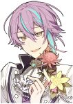  1boy absurdres ascot blue_gemstone blue_hair brooch flower gem highres holding holding_flower hoshi-toge jacket jewelry kamishiro_rui long_sleeves looking_at_viewer multicolored_hair open_mouth pearl_(gemstone) pink_flower project_sekai purple_hair simple_background smile solo streaked_hair thistle white_ascot white_background white_jacket yellow_eyes yellow_flower 