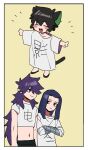  3boys animal_ears black_hair blue_hair cat_ears cat_tail crossed_arms fengxi_(the_legend_of_luoxiaohei) highres long_hair luo_xiaohei luo_xiaohei_zhanji multiple_boys nploser oversized_clothes pointy_ears purple_hair sidelocks simple_background tail undersized_clothes very_long_hair wuxian_(the_legend_of_luoxiaohei) yellow_background 