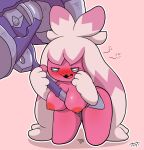  absurd_res areola bent_over big_breasts blush bodily_fluids breasts buckteeth female generation_9_pokemon genital_fluids half-closed_eyes hammer hi_res holding_hammer holding_object holding_tool humanoid narrowed_eyes nintendo nipples not_furry nude open_mouth pink_body pokemon pokemon_(species) pussy_juice red_areola red_nipples solo teeth tinkaton tonytoran tools 