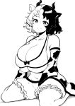  1girl absurdres animal_ears bare_legs bare_shoulders breasts cleavage closed_mouth commentary_request covered_nipples cow_ears cow_horns detached_sleeves full_body greyscale highres himajin_noizu horns huge_breasts looking_at_viewer monochrome multicolored_hair sitting smile solo touhou two-tone_hair underboob ushizaki_urumi wariza 