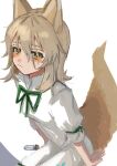  1girl absurdres animal_ears b_nosk101 blonde_hair blush bow breasts closed_mouth fox_ears fox_girl fox_tail green_bow hair_between_eyes highres kudamaki_tsukasa looking_at_viewer orange_eyes puffy_short_sleeves puffy_sleeves romper short_hair short_sleeves sitting small_breasts solo tail test_tube touhou white_romper 