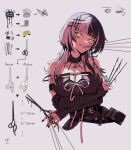  1girl belt black_hair black_nails breasts bug butterfly chopsticks cleavage crossed_arms detached_sleeves fork grey_background highres holding holding_scissors hololive hololive_english jewelry knife large_breasts mouth_hold multicolored_hair needle ring scissors sewing_needle shiori_novella split-color_hair string taka_t teeth_hold virtual_youtuber white_hair yellow_eyes yorick_(shiori_novella) 