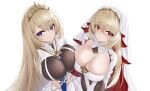  2girls absurdres asymmetrical_docking azur_lane blonde_hair blue_eyes breast_press breasts cleavage framed_breasts from_above hair_between_eyes highres huge_breasts ichikushi_mojibake kersaint_(azur_lane) long_hair multiple_girls painleve_(azur_lane) pelvic_curtain red_eyes simple_background tight_clothes very_long_hair white_background 