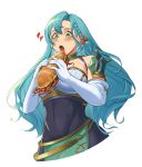  1girl absurdres aqua_hair armor bare_shoulders belt blush braid breasts chloe_(fire_emblem) covered_navel delicious_brain elbow_gloves fire_emblem fire_emblem_engage food gloves green_eyes heart highres holding holding_food large_breasts long_hair open_mouth sandwich shoulder_armor single_braid solo upper_body very_long_hair white_gloves 
