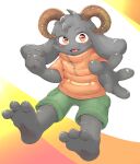  3_toes anthro bolgogi bottomwear bovid caprine clothed clothing curved_horn digital_media_(artwork) english_text feet fur goat green_bottomwear green_clothing grey_body grey_fur hair happy hi_res horn japanese_text knenmndr8v looking_at_viewer male mammal signature simple_background smile soles solo text toes tongue yellow_eyes 