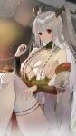  1girl arm_warmers azur_lane bare_shoulders blurry blurry_background blush breasts collarbone dragon_girl dragon_horns hair_on_horn hand_up highres horns japanese_clothes knees_up large_breasts long_hair looking_at_viewer parted_lips pelvic_curtain red_eyes revealing_clothes ribbon-trimmed_clothes ribbon-trimmed_thighhighs ribbon_trim shibaebi_(yasaip_game) shimanto_(azur_lane) solo white_hair 