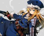  1girl armor blonde_hair blue_coat blue_eyes blue_headwear coat fur-trimmed_coat fur-trimmed_headwear fur_trim gloves grey_hair gun gunner_(sekaiju) gunner_2_(sekaiju) hat highres holding holding_gun holding_weapon long_hair long_sleeves looking_at_viewer sekaiju_no_meikyuu sekaiju_no_meikyuu_2 simple_background solo sunday_aki weapon 