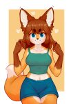  &lt;3 2023 absurd_res anthro blush bottomwear breasts canid canine clothed clothing color_fox digital_media_(artwork) dipstick_tail female female_anthro fox fur hair hi_res kemono looking_at_viewer mammal markings midriff multicolored_body multicolored_fur portrait shirt shorts solo tail tail_markings tank_top three-quarter_portrait topwear 