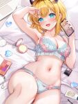  1girl blonde_hair blue_eyes bra breasts cellphone cleavage cowboy_shot demon_horns fake_horns highres horns jewelry lingerie looking_at_viewer lying machi_(7769) makeup medium_breasts medium_hair memcho navel on_back open_mouth oshi_no_ko phone smartphone smile solo underwear 