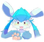  2022 4_fingers ambiguous_gender blush blush_lines bodily_fluids chromatic_aberration claws cute_fangs digital_media_(artwork) eeveelution feral finger_claws fingers fur generation_4_pokemon glaceon green_body green_eyes green_fur hi_res looking_at_viewer nintendo open_mouth pawpads paws pokemon pokemon_(species) reaction_image salmon_no_kaori simple_background solo sweat sweatdrop tongue white_background 