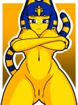  animal_crossing ankha_(animal_crossing) anthro areola arm_under_breasts big_breasts blue_eyes blue_hair breasts brown_areola brown_nipples crossed_arms domestic_cat felid feline felis female fur genitals hair hi_res huge_breasts kevthunder23 low-angle_view mammal navel nintendo nipples nude pussy solo uraeus yellow_body yellow_fur 