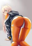  1girl absurdres all_fours ass ass_focus blonde_hair blue_eyes blush bodysuit cameltoe embarrassed from_behind goddess_of_victory:_nikke headgear highres huge_ass jacket long_hair looking_at_viewer looking_back ramiki ramiki_(ramesgoag) skin_tight solo top-down_bottom-up tove_(nikke) very_long_hair 