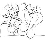  2023 4_toes anthro anthrofied athletic athletic_anthro athletic_female bangs barefoot bedroom_eyes bent_leg biped black_and_white breasts chair clawed_feet claws clothed clothing crossed_ankles cute_fangs detailed_background digital_drawing_(artwork) digital_media_(artwork) ear_piercing ear_ring eyebrows eyelashes fan_character fang_the_weavile fangs feet feet_on_table feet_together feet_up female foot_focus forehead_gem foreshortening fur furniture generation_4_pokemon hair half-closed_eyes head_tuft hi_res humanoid_feet inviting legs_up line_art looking_at_viewer mammal midriff monochrome mouth_closed narrowed_eyes naughty_face neck_tuft nintendo notched_ear on_chair perspective piercing plantigrade pokemon pokemon_(species) pokemorph presenting raised_inner_eyebrows reclining relaxing ring_piercing seductive sharp_claws simple_background sitting sitting_on_chair sketch smile smiling_at_viewer snaggle_tooth soles solo table teasing teeth three-quarter_view toe_claws toes topwear tuft weavile white_background wrinkled_feet wrinkles zp92 