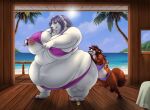  2019 anthro areola beach bear big_breasts biglovealicia bottomwear breasts brown_hair canid canine chubby_female claws clothed clothing curvy_figure day detailed detailed_background digitigrade duo duo_focus eyes_closed female fully_clothed fur group hair hand_on_butt huge_belly huge_breasts huge_thighs inside light lighting mammal morbidly_obese morbidly_obese_female nipples obese obese_female overweight overweight_female palm_tree partially_clothed_female pink_areola pink_nipples plant plantigrade polar_bear purple_clothing purple_hair raccoon_dog red_body red_eyes red_fur sand sea seaside shaded signature size_difference soft_vore standing sun sunlight tail tanuki thick_thighs tight_clothing toe_claws topwear tree ursine vore water white_body white_fur wide_hips 