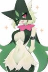  anthro arm_belt belt big_breasts breast_curtains breasts eyelashes female fur generation_9_pokemon glistening glistening_body green_body green_fur hi_res looking_at_viewer meowscarada navel nintendo one_eye_closed pokemon pokemon_(species) red_eyes solo sparkles sywu thick_thighs wide_hips wink 
