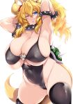  1girl absurdres armlet armpits arms_behind_head arms_up black_bra black_collar black_leotard black_thighhighs blonde_hair blue_eyes bowsette bra bracelet breastless_leotard breasts bursting_breasts cameltoe chestnut_mouth cleavage collar commentary_request cowboy_shot expressionless hair_between_eyes highleg highleg_leotard highres holding holding_hair horns huge_breasts jewelry leotard looking_at_viewer mario_(series) medium_hair new_super_mario_bros._u_deluxe one_eye_closed parted_lips plump simple_background skindentation solo spiked_armlet spiked_bracelet spiked_collar spiked_shell spikes super_crown thick_thighs thighhighs thighs tsukasawa_takamatsu turtle_shell underwear white_background 
