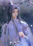  1boy absurdres artist_name bishounen black_hair blurry blurry_background brown_eyes chinese_clothes chinese_commentary chu_wanning commentary_request erha_he_tadebai_mao_shizun eyelashes hair_ornament hand_up hanfu high_ponytail highres keru233 long_hair long_sleeves looking_away male_focus night outdoors parted_bangs parted_lips petals ponytail raised_eyebrows robe sash sidelocks signature solo tassel tree upper_body vambraces white_robe wide_sleeves 
