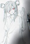  1boy blood blood_on_face gobanme highres long_hair mama_ni_aitai mole mole_under_mouth one_eye_covered otoko_no_ko oyuirasuto red_eyes sketch smile traditional_media twintails waving 