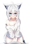  1girl absurdres amato_0321 animal_ears blue_eyes breasts cleavage fox_ears fox_girl fox_tail highres hololive long_hair looking_at_viewer medium_breasts naked_sweater no_pants off_shoulder shirakami_fubuki simple_background sleeves_past_elbows sweater tail very_long_hair virtual_youtuber white_background 