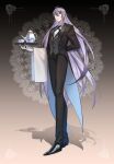  1boy absurdres arm_behind_back black_footwear black_pants black_suit blue_eyes cup fishfall formal gloves gradient_background grey_background grey_vest hair_between_eyes highres holding holding_tray hypnosis_mic jinguji_jakurai long_hair long_legs male_focus pants purple_hair shadow solo standing suit teacup teapot tray very_long_hair vest waiter white_gloves 