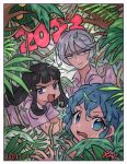  2023 3girls black_hair blue_eyes blue_hair border closed_mouth collared_shirt commentary_request dated dorothy_west grey_hair hair_between_eyes jungle kurosu_aroma leaf long_hair looking_at_viewer multiple_girls nature open_mouth outdoors pink_shirt plant pretty_(series) pripara rituyama1 shikyouin_hibiki shirt short_hair short_sleeves unamused upper_body v-shaped_eyebrows vines white_border 