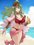  1girl beach bikini bottle bracelet choker fire_emblem fire_emblem_awakening fire_emblem_heroes flower green_eyes green_hair hair_flower hair_ornament hair_ribbon highres holding holding_bottle jewelry looking_at_viewer lotion nail_polish navel official_alternate_costume parted_lips pink_nails pink_scarf pointy_ears ponytail red_bikini red_ribbon ribbon sakuremi sarong scarf smile solo sunscreen swimsuit tiara tiki_(adult)_(fire_emblem) tiki_(adult)_(summer)_(fire_emblem) tiki_(fire_emblem) 