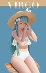  1girl aqua_hair bikini blush closed_eyes ericga flower frilled_bikini frills hair_flower hair_ornament hat high-waist_bikini hip_vent long_hair midriff original shaded_face simple_background sitting strapless strapless_bikini straw_hat sun_hat swimsuit white_bikini white_flower 