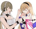  2girls 3o_c bare_shoulders bianka_durandal_ataegina blonde_hair breasts brown_hair cleavage closed_eyes earrings food frilled_one-piece_swimsuit frills headband holding holding_spoon honkai_(series) honkai_impact_3rd ice_cream jewelry large_breasts long_hair maid_headdress multiple_girls one-piece_swimsuit open_mouth rita_rossweisse rita_rossweisse_(phantom_iron) simple_background spoon surfboard swimsuit twintails upper_body very_long_hair white_background white_one-piece_swimsuit yuri 
