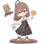  1girl absurdres ahoge aran_sweater belt berry black_choker blush brown_eyes brown_footwear brown_hair brown_skirt cable_knit chibi choker crossed_bangs cup earrings food food-themed_earrings fork friend_(nanashi_mumei) hand_towel hieroglyphics high_tops highres hololive hololive_english jewelry knife long_hair long_skirt looking_at_viewer mouth_hold mug multicolored_hair nanashi_mumei nanashi_mumei_(3rd_costume) necklace official_alternate_costume pancake pancake_stack plaid plaid_skirt plate pleated_skirt red_shirt red_socks shirt shoes skirt sleeves_past_wrists sneakers socks streaked_hair sweater teeth towel upper_teeth_only very_long_hair virtual_youtuber white_sweater yagudo_bunya 